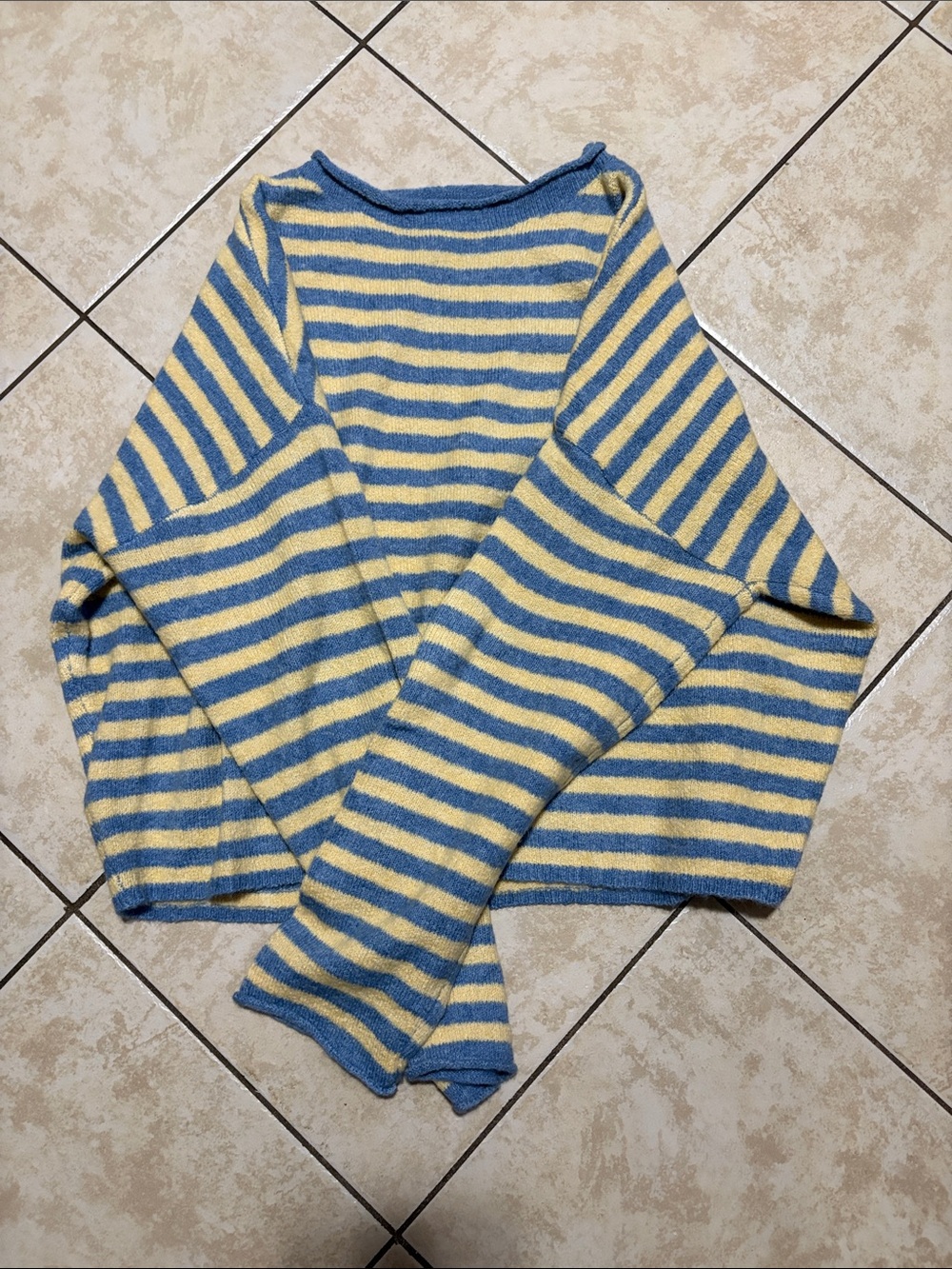 Blue and Yellow Striped Women's Boatneck Sweater